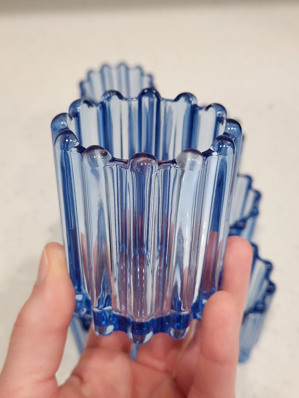 Set Of 8 Blue Glass Ribbed Votive/tealight Candleholders EUC